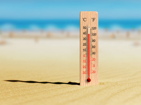Wooden thermometer on a sunny beach, showing °C and °F, with blue sea and sky blurred in the background.