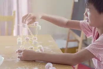 Child builds a science project out of marshmallows and toothpicks