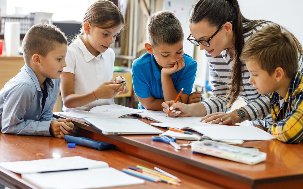 A teacher surrounded by children