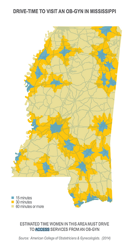 Mississippi access to contraception drive time to ob gyn map